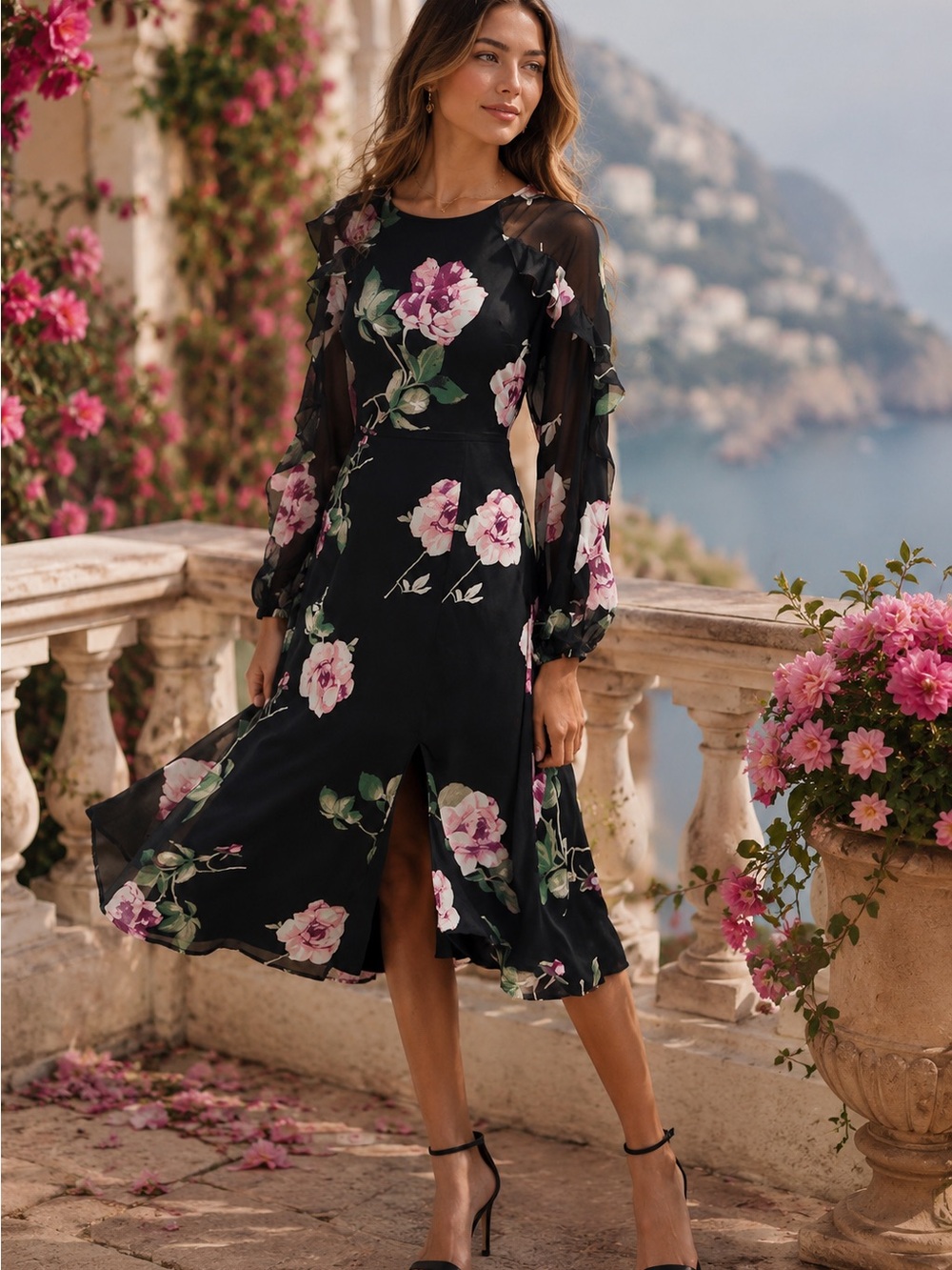 Lulus Once And Flor All Black Floral Print Long Sleeve Woman’s Midi Dress size L